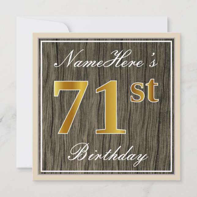 Convites Elegante, Faux Wood, Faux Dourado 71 rua Birthday  (Frente)