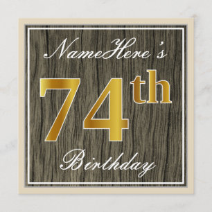 Convites Elegante, Faux Wood, Faux Dourado 74.º Aniversário