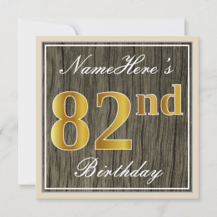 Convites Elegante, Faux Wood, Faux Dourado 82º Aniversári