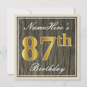 Convites Elegante, Faux Wood, Faux Dourado 87º Aniversári