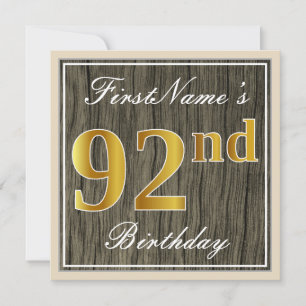 Convites Elegante, Faux Wood, Faux Dourado 92º Aniversári