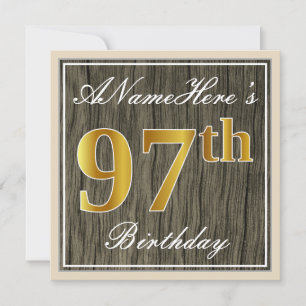 Convites Elegante, Faux Wood, Faux Dourado 97º Aniversári