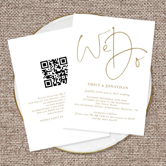 Convites Elegante Fazemos Casamento de Código QR de Script  (Front and Back View. Available printed or digitally.)