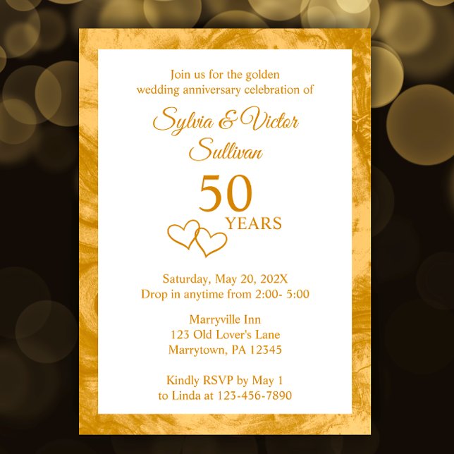 Convites Elegante Festa Custom Golden de Aniversário de 50  (Personalize this elegant invitation template with your golden 50th anniversary party details.
)