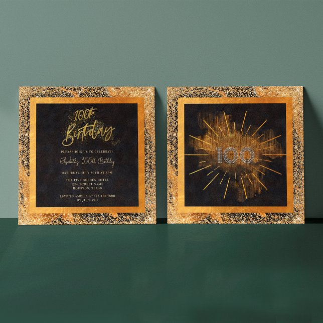 Convites Elegante Festa de 100 Anos com Brilho Dourado Pret (Front / Back)