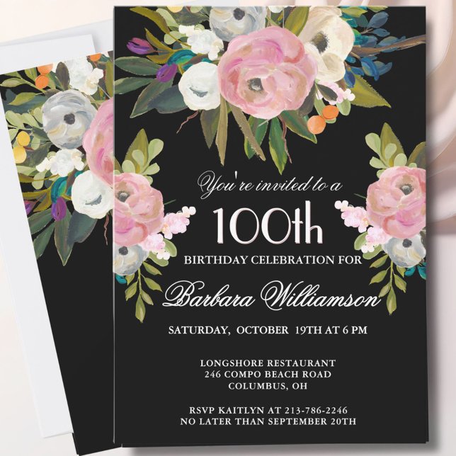 Convites **Elegante festa de 100 anos com flores pintadas à (Criador carregado)