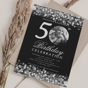 Convites Elegante Festa de 50 Anos com Luzes Prateadas