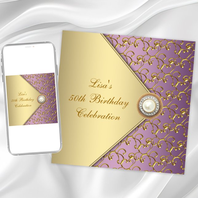 Convites Elegante festa de 50 anos da mulher em roxo e dour (Elegant birthday or any occasion invitation. Instant download and printed invitations available)