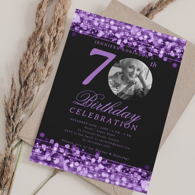 Convites Elegante festa de 70 anos com luzes roxas (Elegant Photo 70th Birthday Party Purple Lights Invitation)