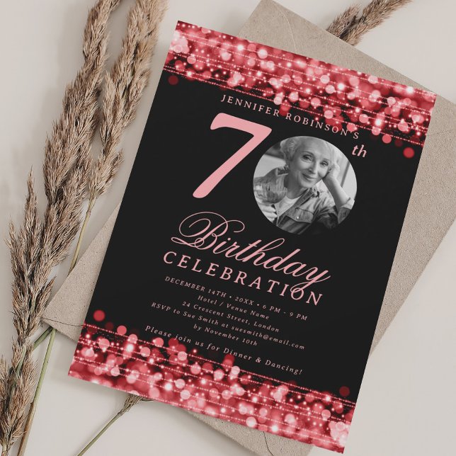 Convites Elegante festa de 70 anos com luzes vermelhas (Elegant Photo 70th Birthday Party Red Lights Invitation)