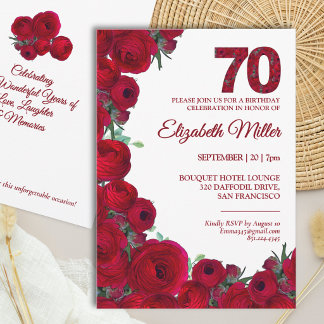 Convites Elegante festa de 70 anos - Florais Vermelhos Ousa