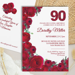 Convites Elegante festa de 90 anos - Florais Vermelhos Ousa