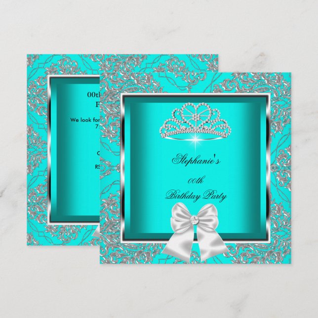 Convites Elegante Festa de Aniversário Azul Teal com Damask (Frente/Verso)