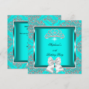 Convites Elegante Festa de Aniversário Azul Teal com Damask