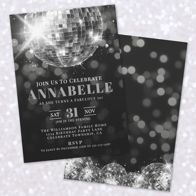 Convites Elegante Festa de aniversário branca escura 50ª (Elegant Black White 50th Birthday Party Invitation)