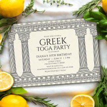 Elegante festa de aniversário com toga grega e tem