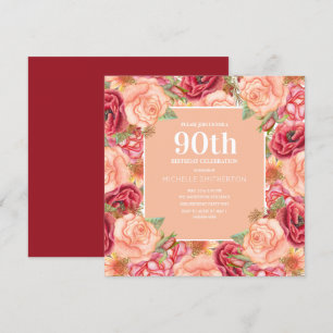 Convites Elegante Festa de Aniversário de 90 Anos Vermelho 