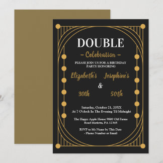 Convites Elegante Festa de Aniversário Dupla Dourada e Pret