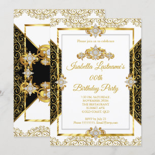 Convites Elegante Festa de Aniversário em Damasco Dourado e