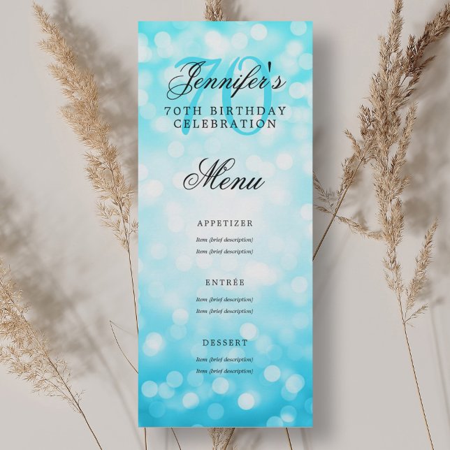Convites Elegante Festa de aniversário Menu Turquoise Bokeh (Elegant 70th Birthday Party Menu Turquoise Bokeh Invitation)
