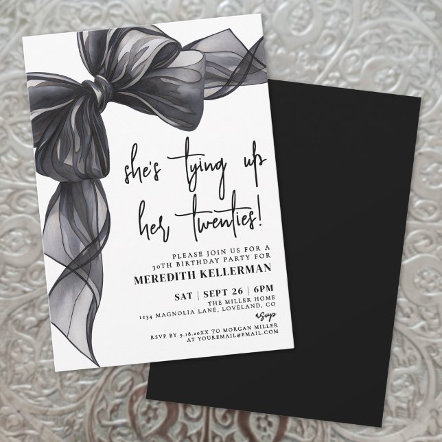 Convites Elegante Festa de aniversário Preta de Arco Branco (Elegant Watercolor Black White Bow Birthday Party Invitation)