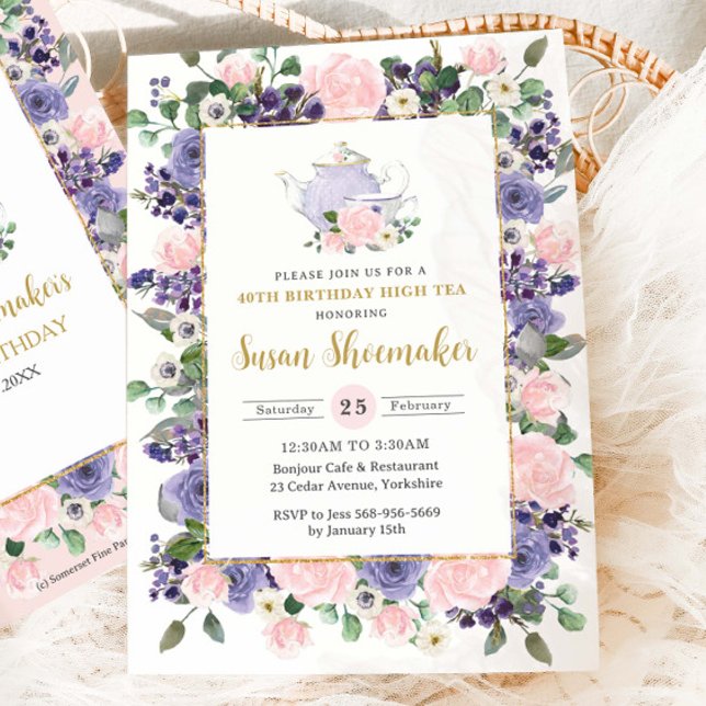 Convites Elegante Festa de Chá de Aniversário com Flores Ro (elegant purple and blush pink floral birthday high tea party invitation card)