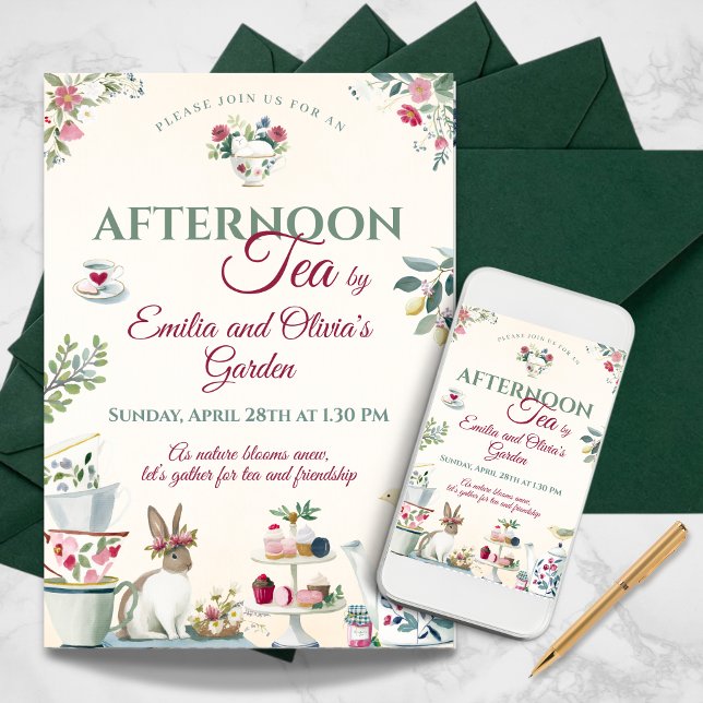 Convites Elegante Festa de Chá de Jardim de Primavera à Tar (Elegant Spring Garden Afternoon Tea Party Invitation)