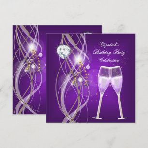 Convites Elegante Festa de Diamante Champanhe Dourado Roxo