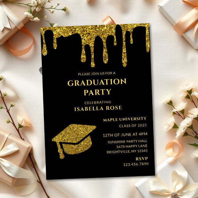 Convites Elegante Festa de formatura Chic Black e Dourada 2 (Elegant chic black and gold class of 2025 graduation party invitations, graduation invitations cards)