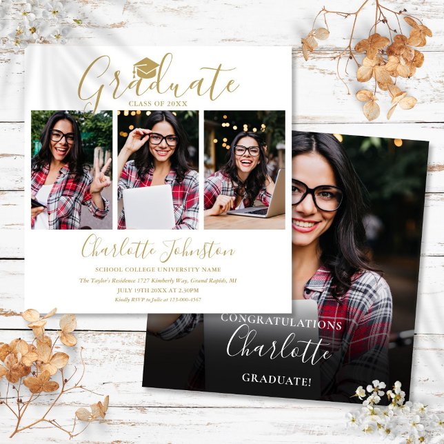 Convites Elegante Festa de Formatura com Letra Dourada 4 Fo (Elegant Gold Script 4 Photo Graduation Party Invitation)