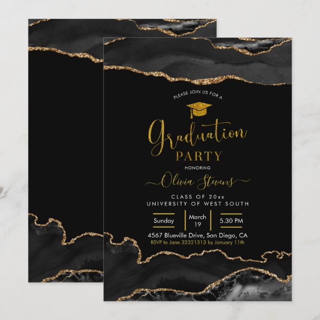 Convites Elegante Festa de formatura preta e agata Dourada (Frente/Verso)