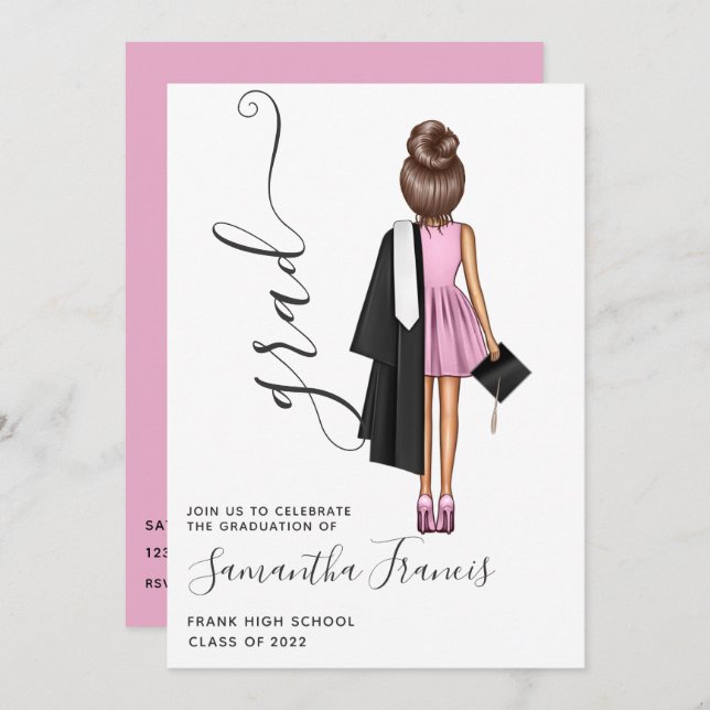 Convites Elegante Festa de formatura Rosa e Garota Marrom (Frente/Verso)