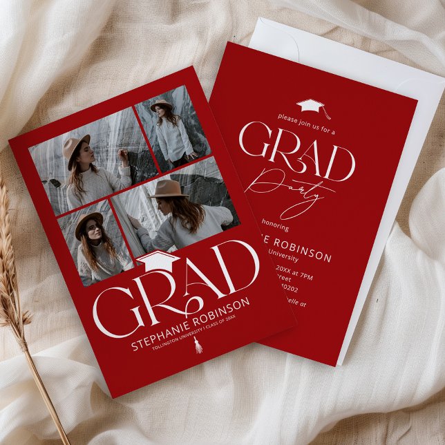 Convites Elegante Festa de Graduação Vermelho e Branco com  (Criador carregado)