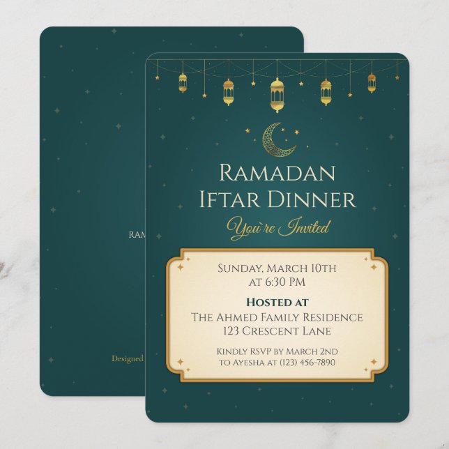 Convites Elegante Festa de Iftar do Ramadão em Verde Esmera (Frente/Verso)