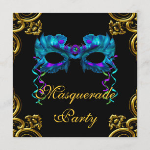 Convites Elegante Festa de Máscaras Azul Marinho Dourado