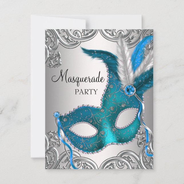 Convites Elegante Festa de Máscaras Azul Turquesa Prata (Frente)