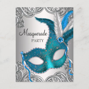 Convites Elegante Festa de Máscaras Azul Turquesa Prata