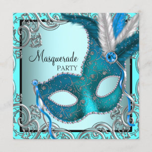 Convites Elegante Festa de Máscaras Azul Turquesa Prata