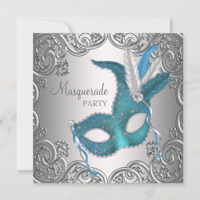Convites Elegante Festa de Máscaras Azul Turquesa Prata (Frente)