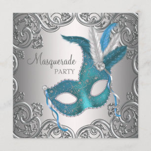 Convites Elegante Festa de Máscaras Azul Turquesa Prata