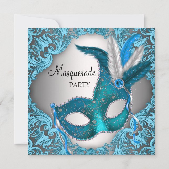 Convites Elegante Festa de Máscaras Azul Turquesa Prata (Frente)