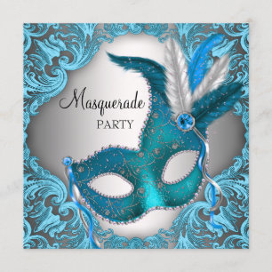 Convites Elegante Festa de Máscaras Azul Turquesa Prata