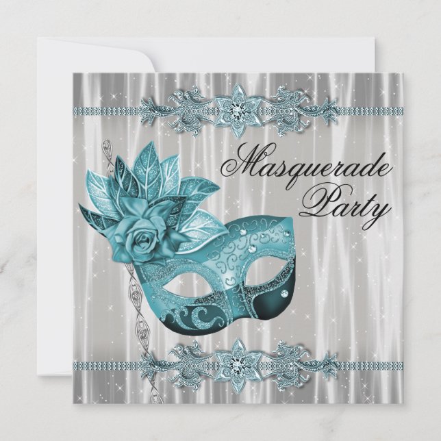 Convites Elegante festa de máscaras em branco e azul-teal (Frente)