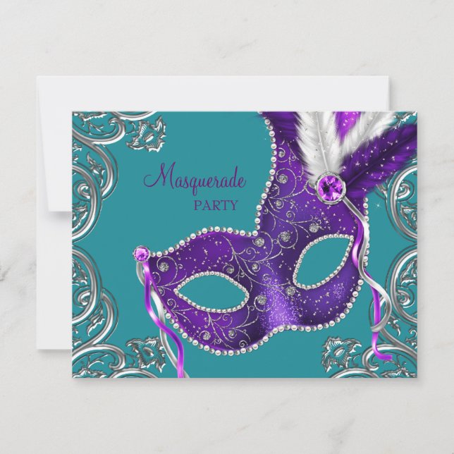 Convites Elegante festa de máscaras roxa e azul-turquesa (Frente)