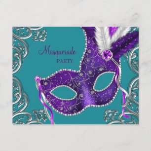 Convites Elegante festa de máscaras roxa e azul-turquesa