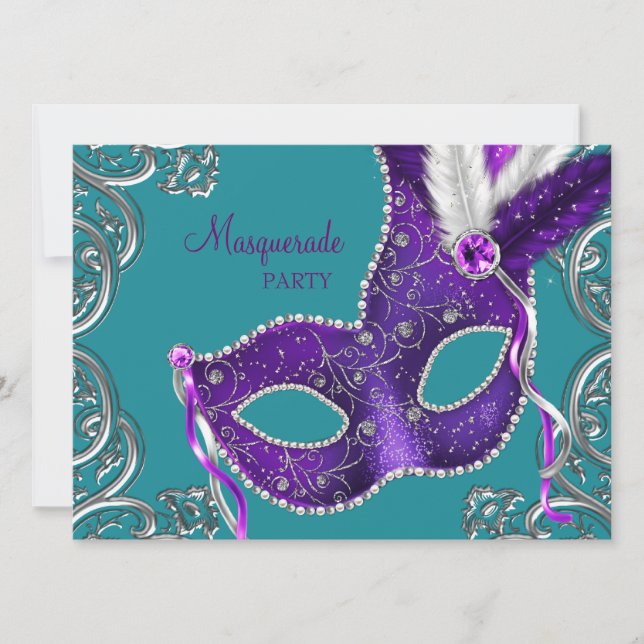 Convites Elegante festa de máscaras roxa e azul-turquesa (Frente)