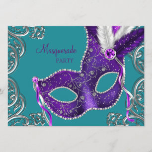 Convites Elegante festa de máscaras roxa e azul-turquesa
