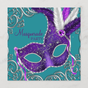 Convites Elegante festa de máscaras roxa e azul-turquesa