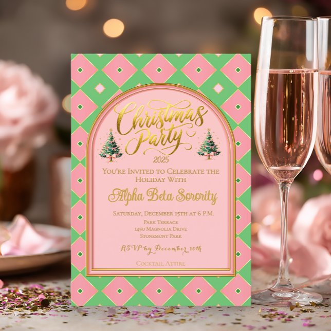 Convites Elegante Festa de Natal Arlequim Rosa e Verde (Festive Pink and Green Harlequin Holiday Party Invitation )