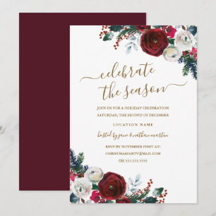 Convites Elegante Festa de Natal Burgundy Floral